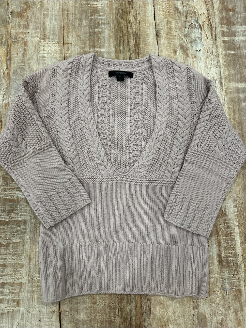 Express Women's V-Neck Cable Knit Sweater in Light Taupe